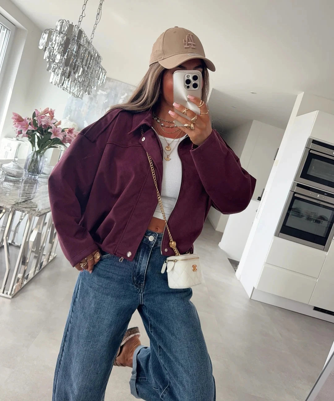 Veste bomber oversize en suédine bordeaux pour femme – La Chica