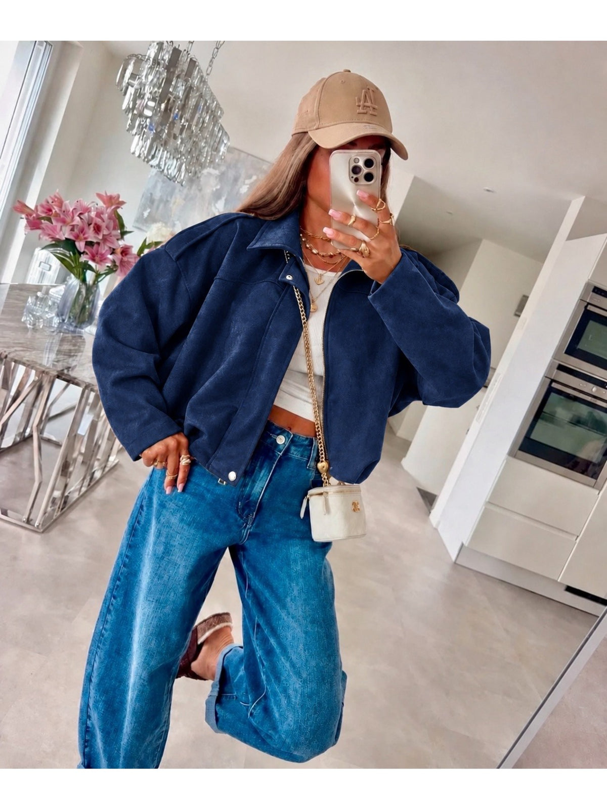 Veste Bomber Oversize en Suédine avec doublure marine pour femme, La Chica