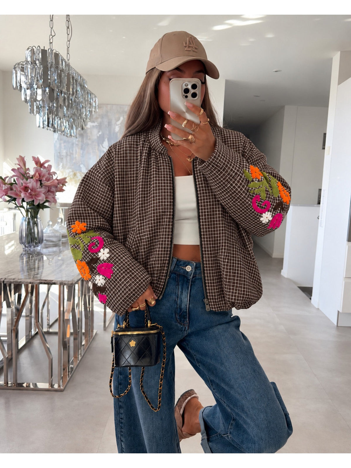 Veste bomber zippée carreaux et manches brodées marron foncé pour femme, La Chica