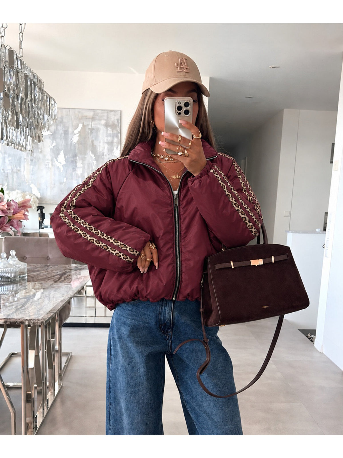 Veste bomber zippée manches ballon et bandes léopard bordeaux pour femme, La Chica