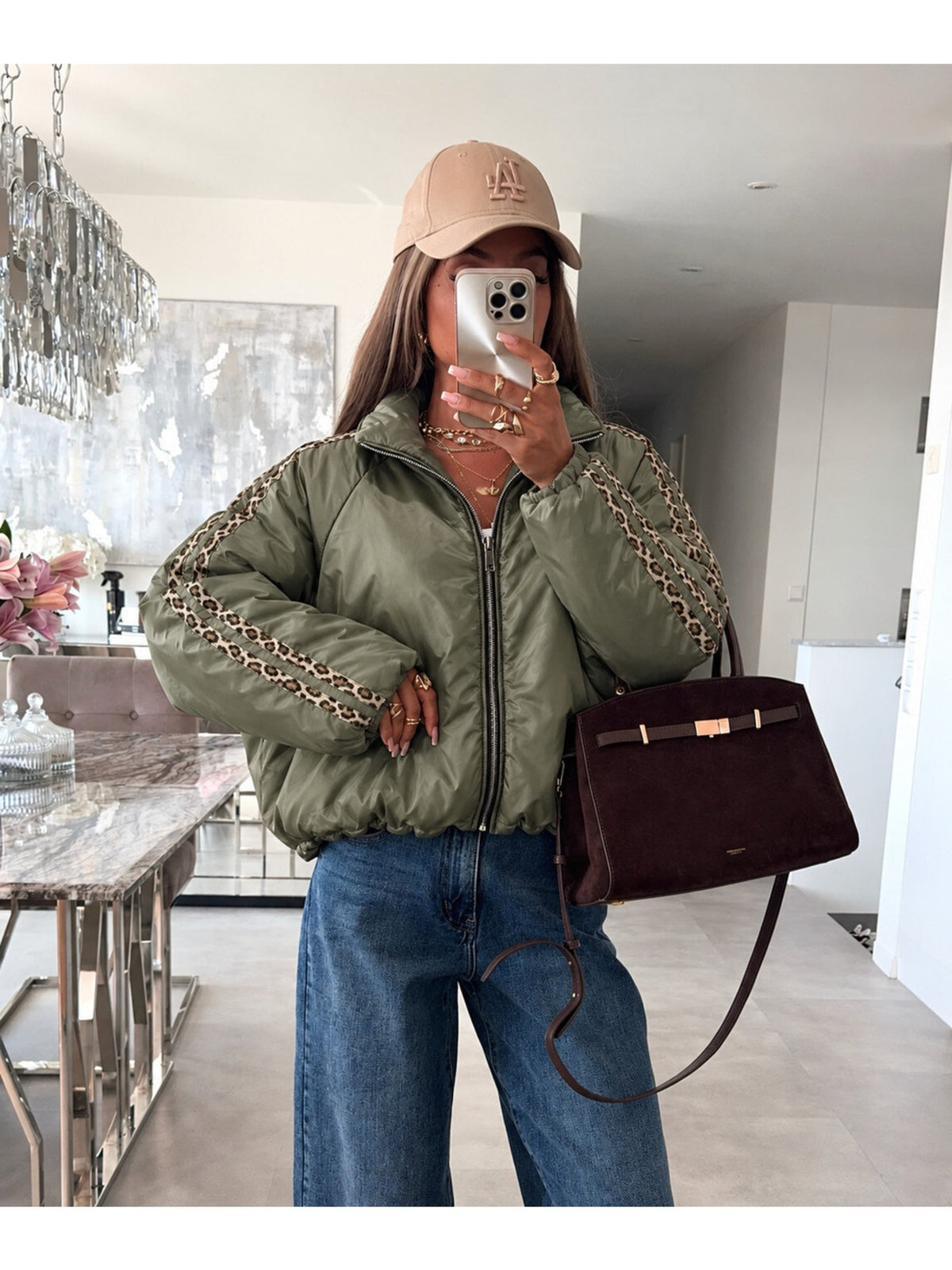 Veste bomber zippée manches ballon et bandes léopard kaki pour femme, La Chica