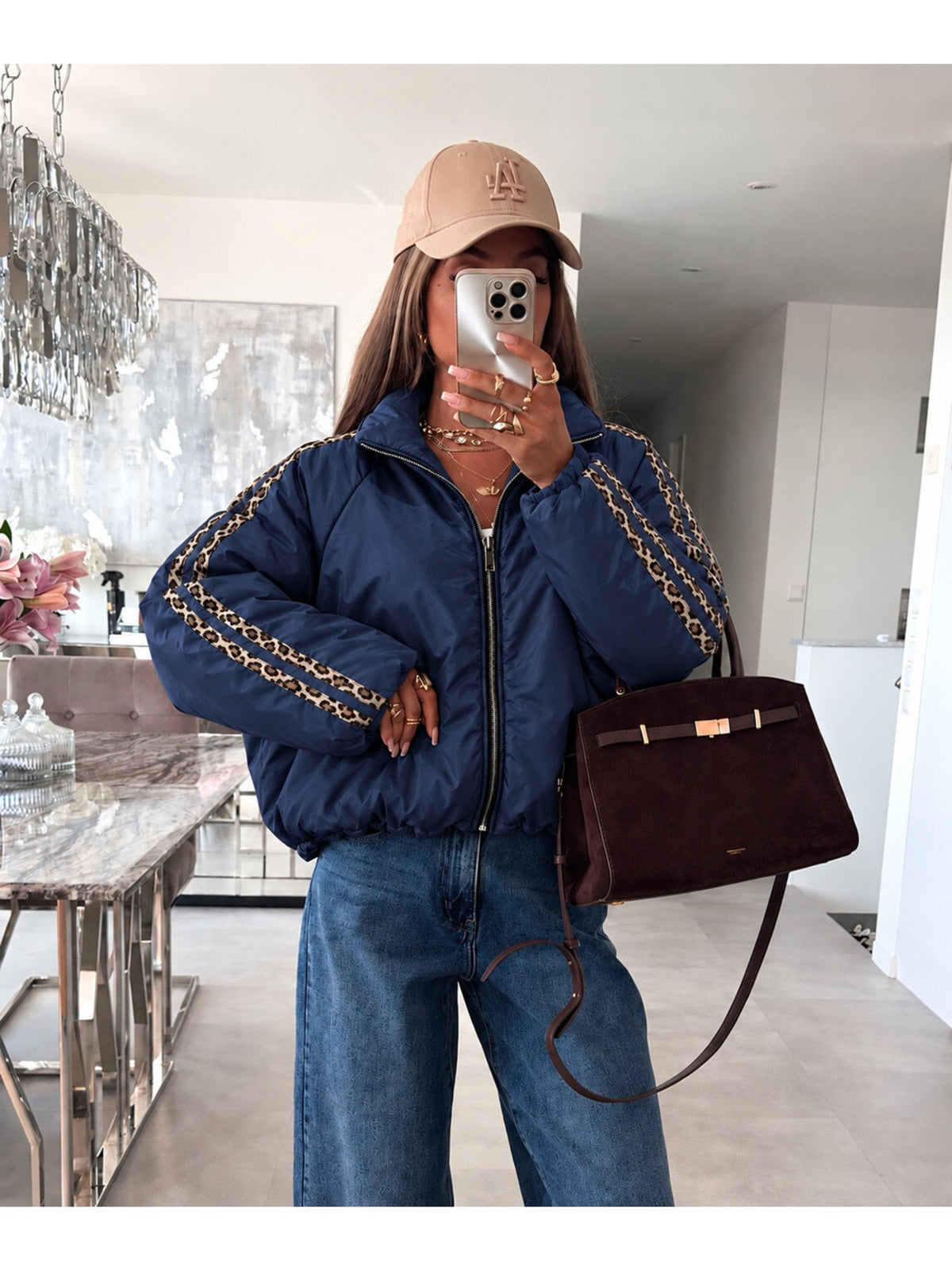 Veste bomber zippée manches ballon et bandes léopard marine pour femme, La Chica