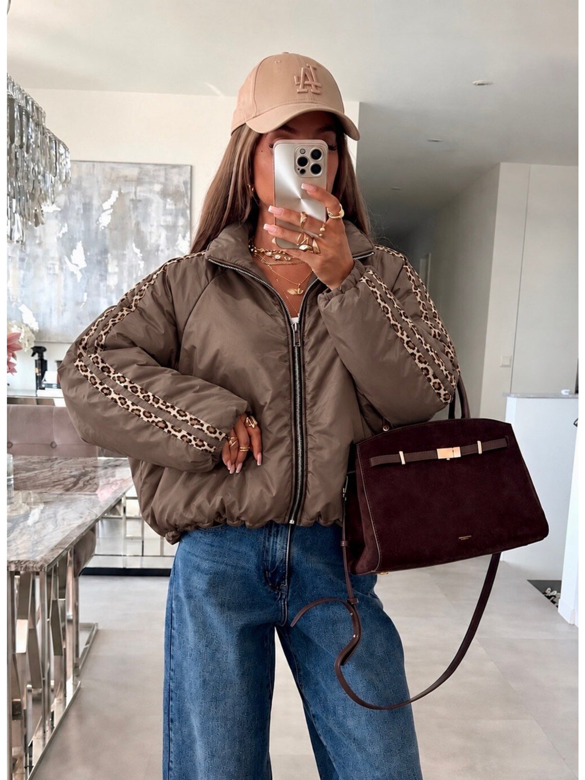 Veste bomber zippée manches ballon et bandes léopard marron pour femme, La Chica