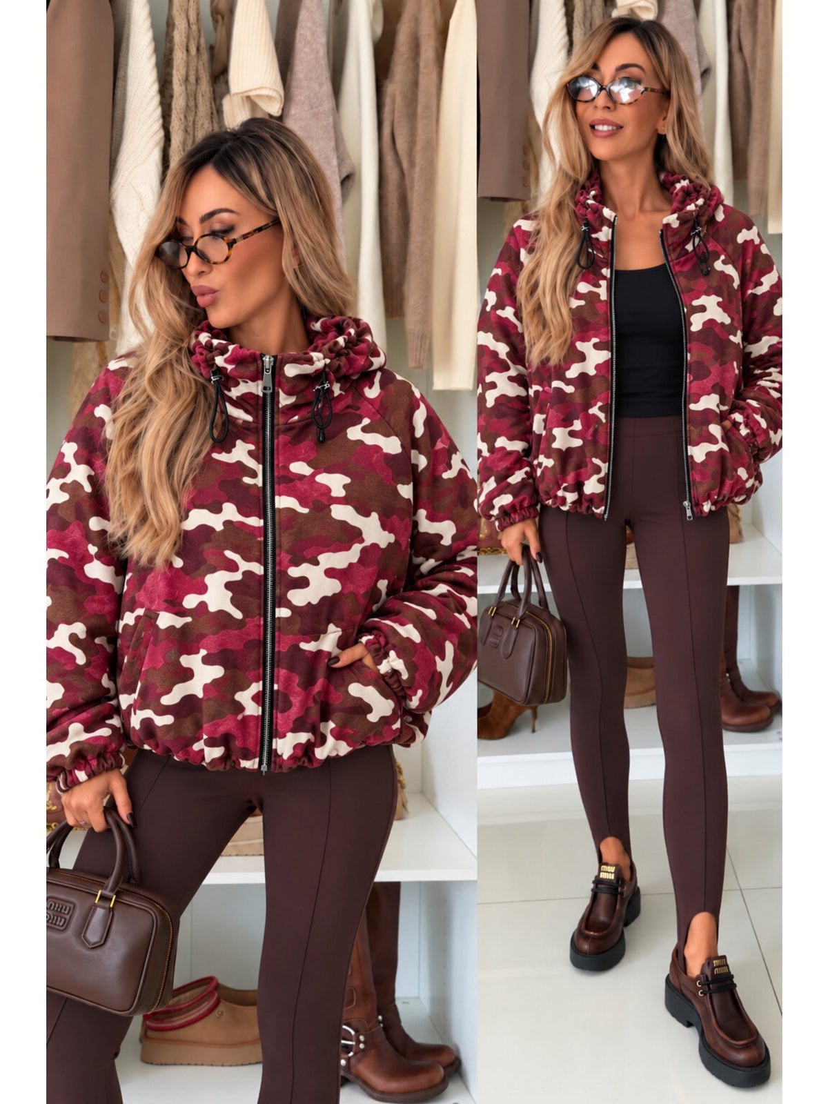 Veste à capuche imprimé camouflage coupe ample zippée bordeaux pour femme, La Chica