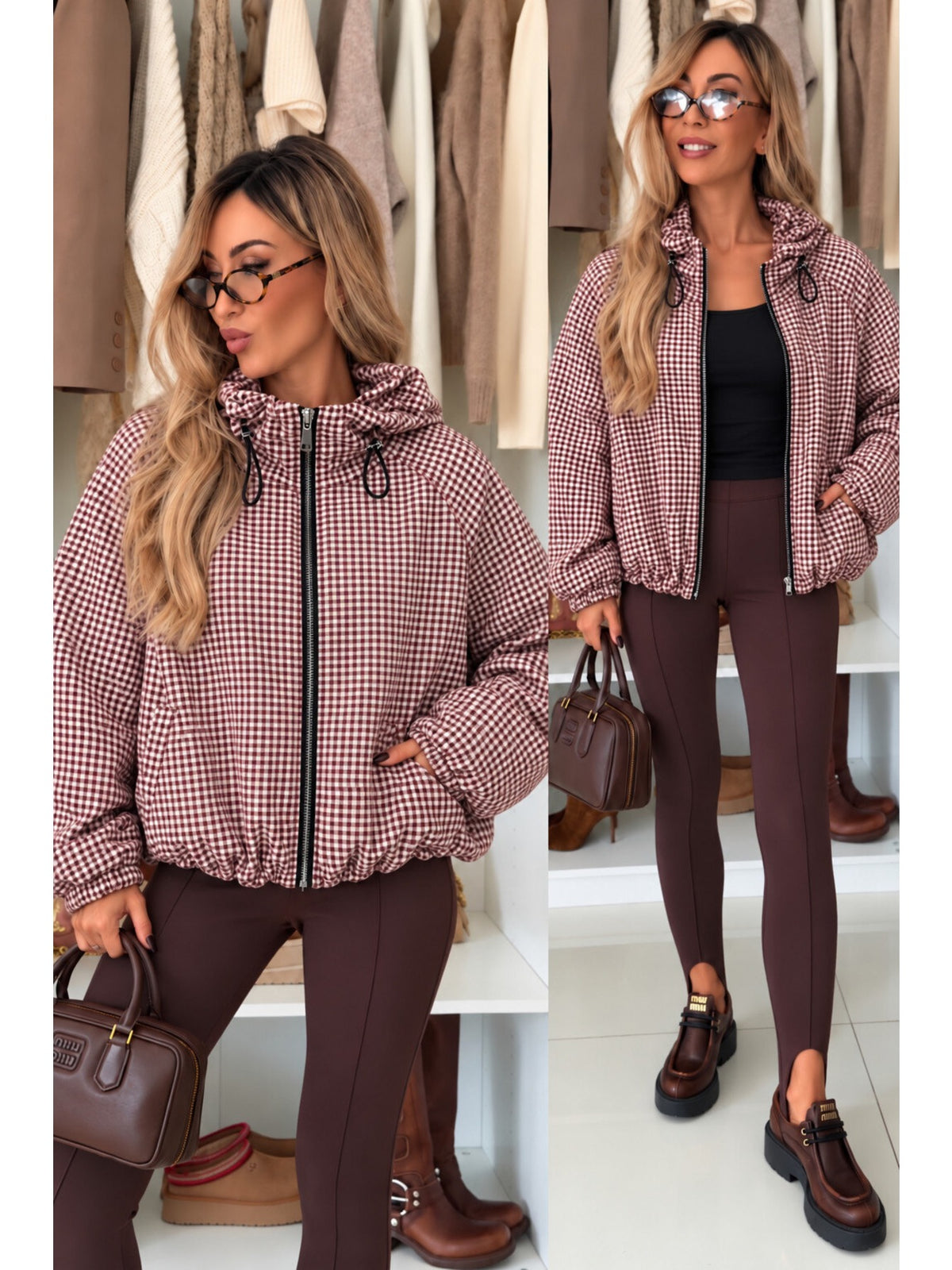 Veste à capuche imprimé carreaux coupe ample zippée bordeaux pour femme, La Chica