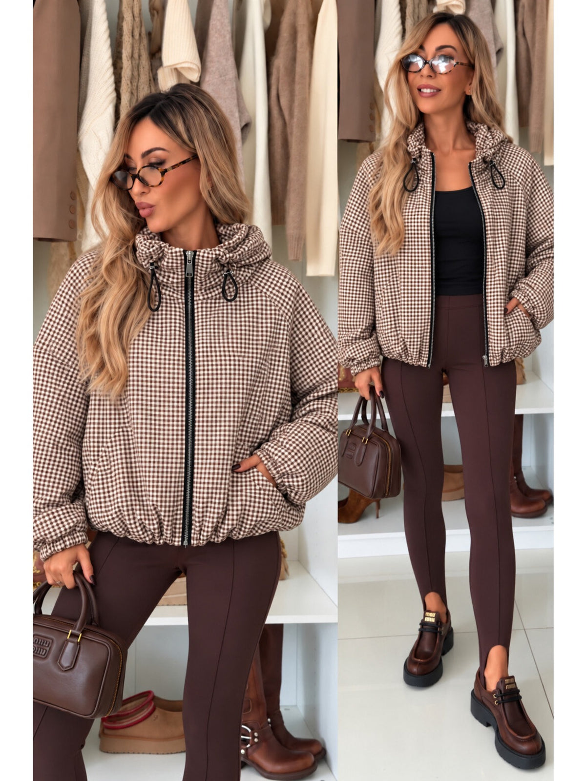 Veste à capuche imprimé carreaux coupe ample zippée marron pour femme, La Chica