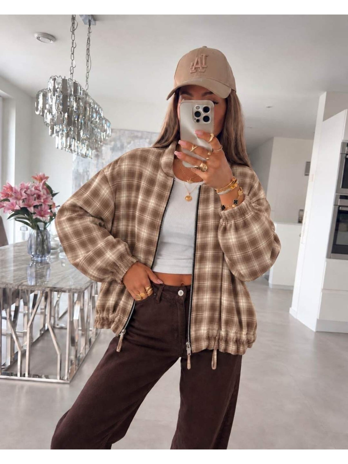 Veste carreaux zippée avec cordon de serrage beige pour femme, La Chica
