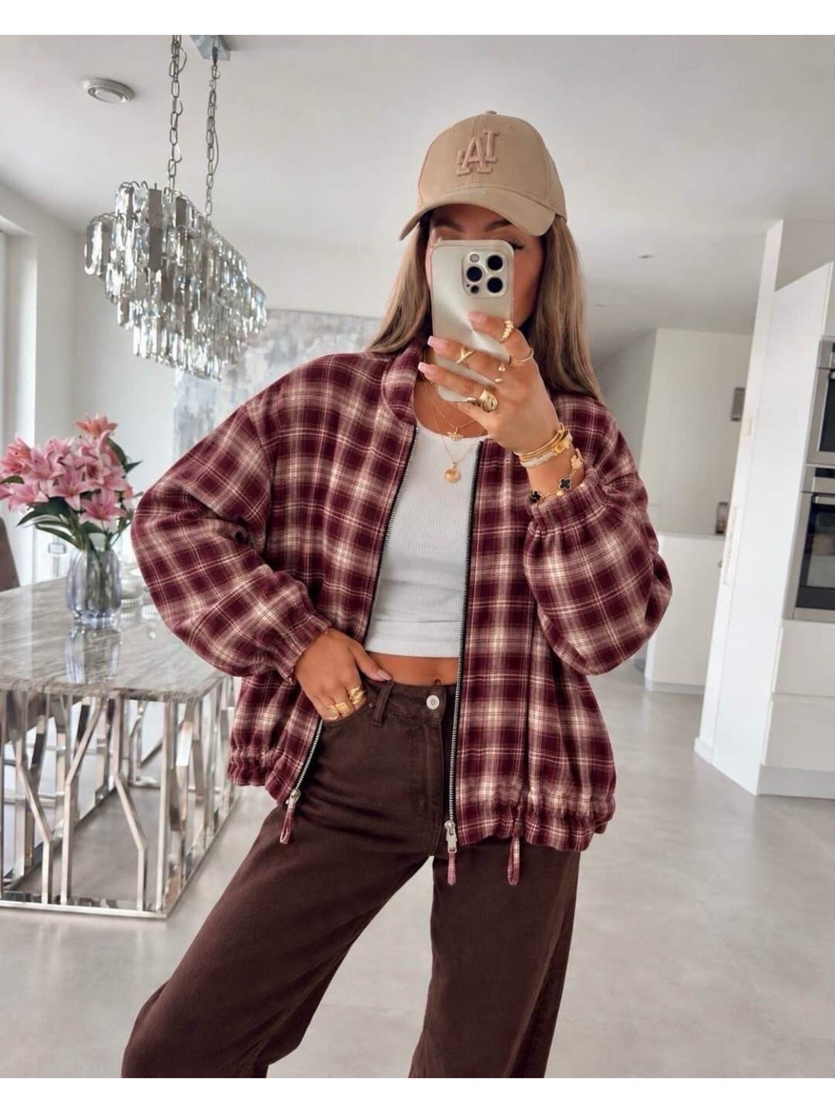 Veste carreaux zippée avec cordon de serrage bordeaux pour femme, La Chica