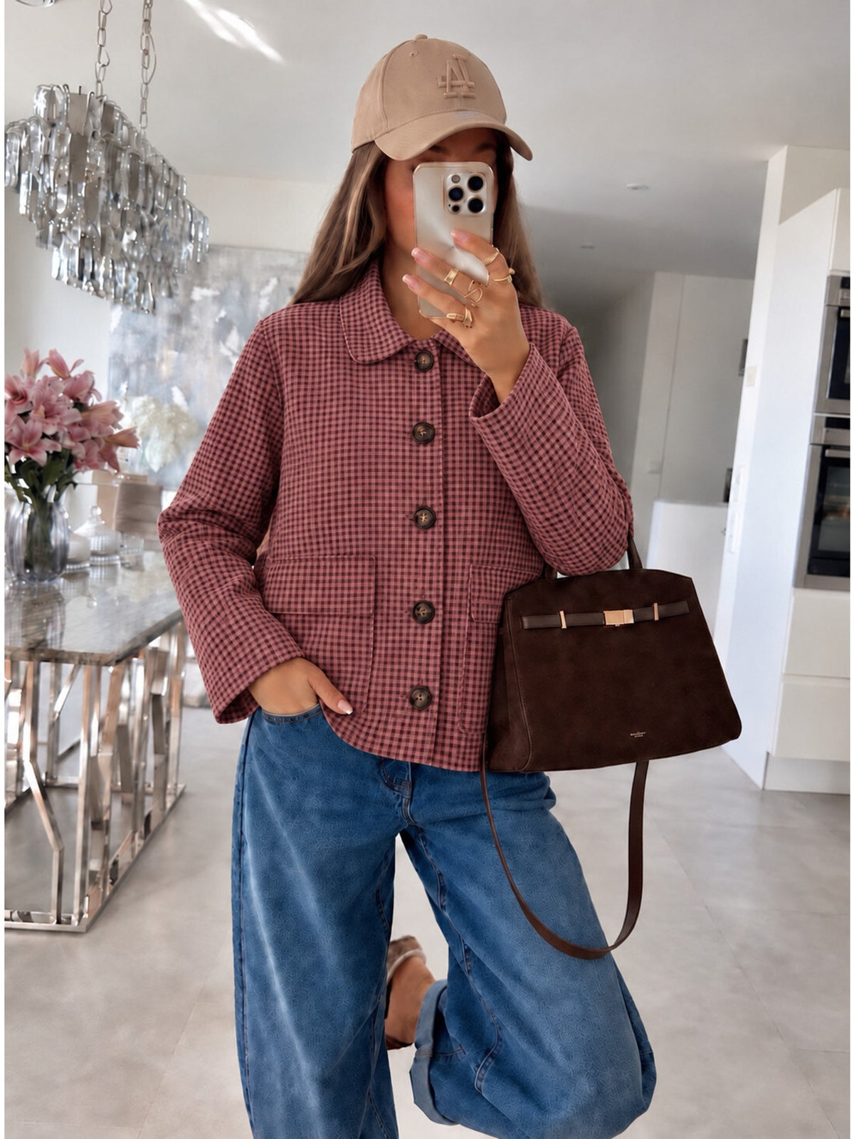 Veste chemise en suédine imprimé carreaux détail poches bordeaux pour femme, La Chica