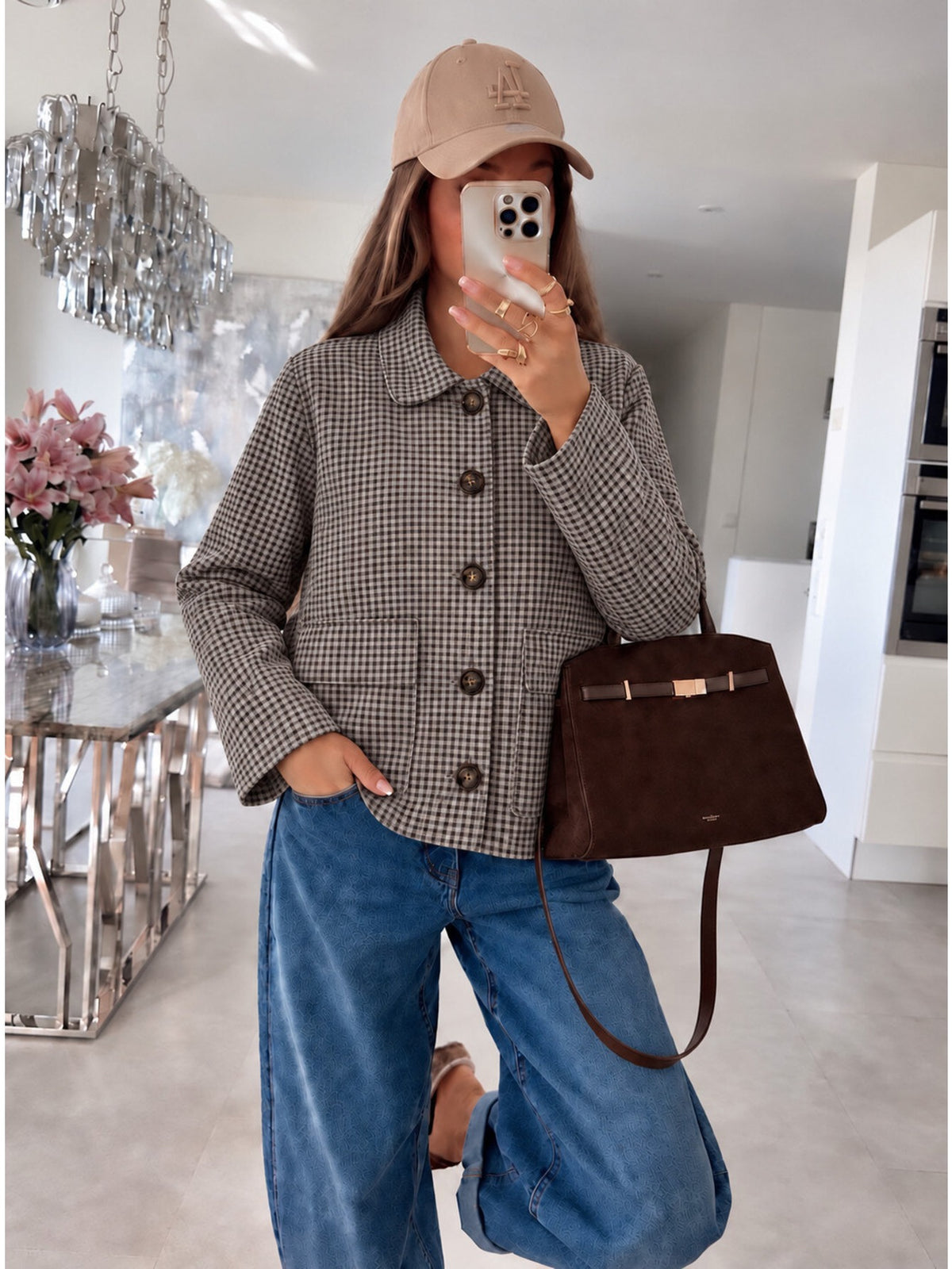 Veste chemise en suédine imprimé carreaux détail poches marine pour femme, La Chica