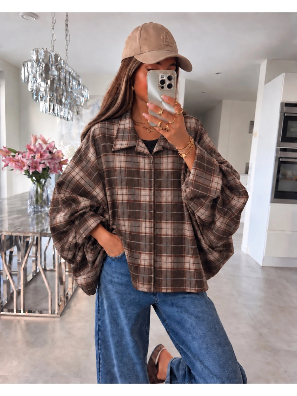 Veste chemise oversize carreaux manches chauve-souris marron foncé pour femme, La Chica
