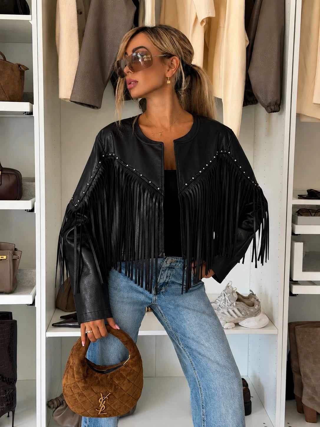 Veste courte en similicuir à franges et clous noir pour femme – La Chica