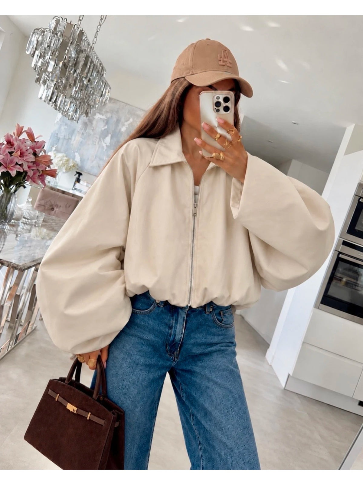Veste courte zippée manches ballon volumineuses beige pour femme, La Chica
