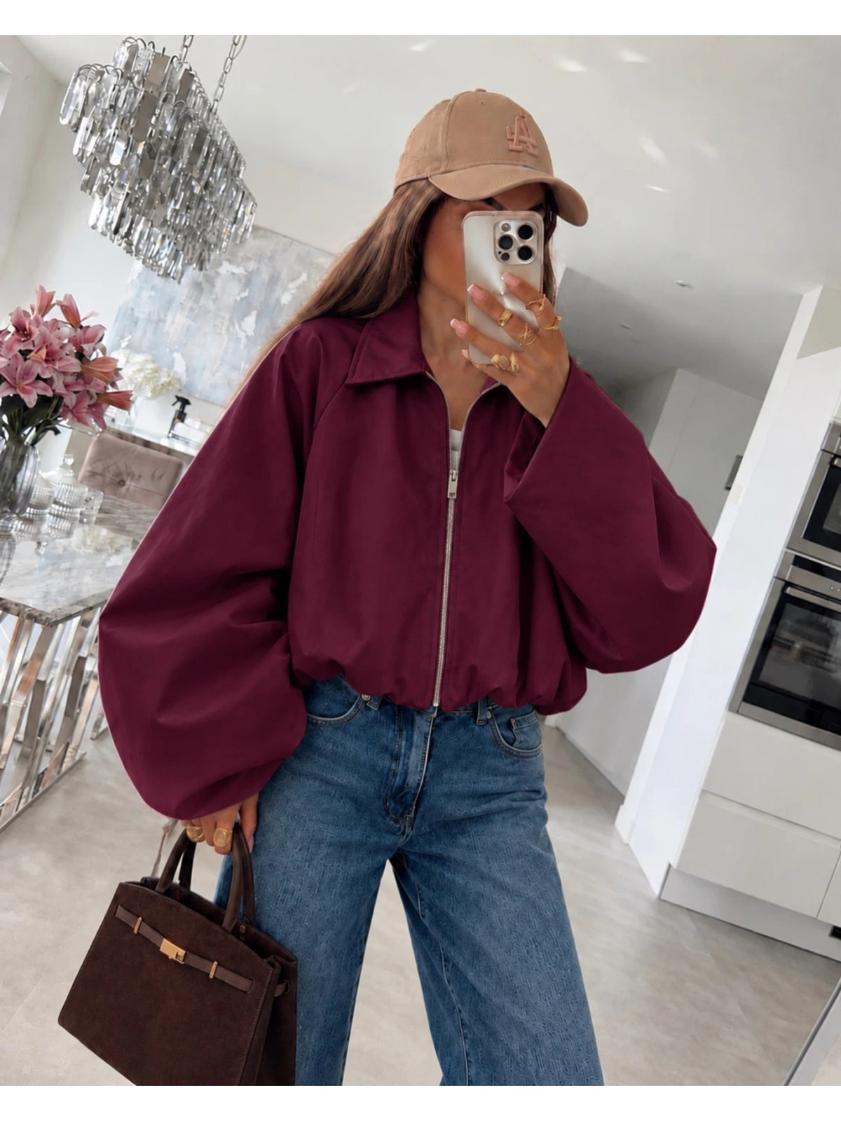 Veste courte zippée manches ballon volumineuses bordeaux pour femme, La Chica