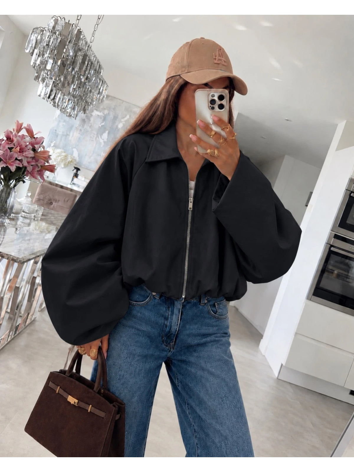 Veste courte zippée manches ballon volumineuses noir pour femme, La Chica