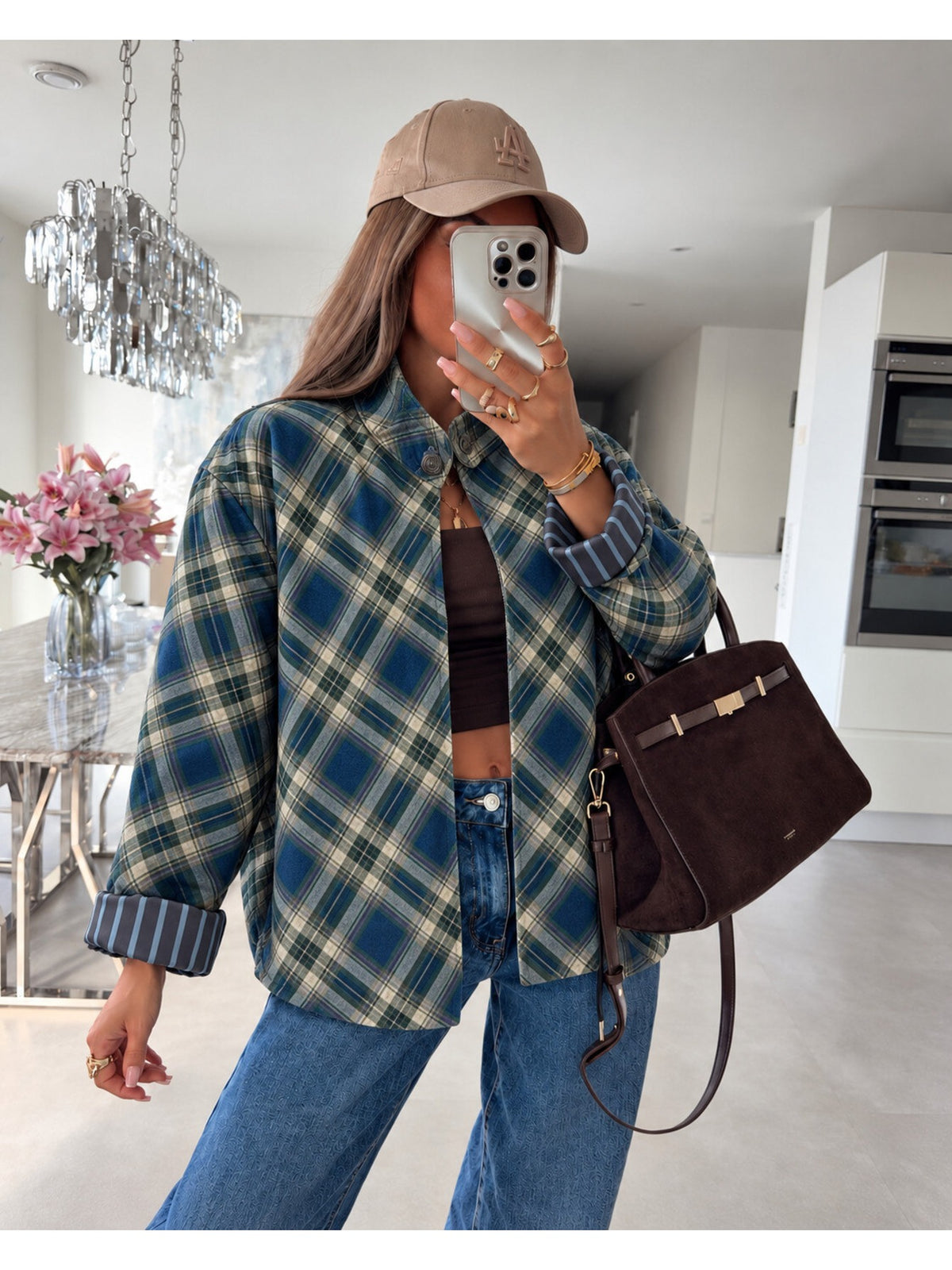Veste en velours carreaux et revers rayés marine pour femme, La Chica