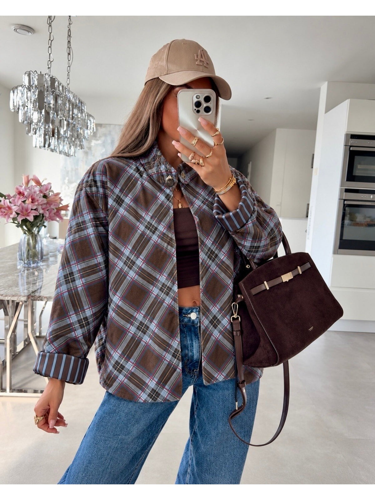 Veste en velours carreaux et revers rayés marron pour femme, La Chica