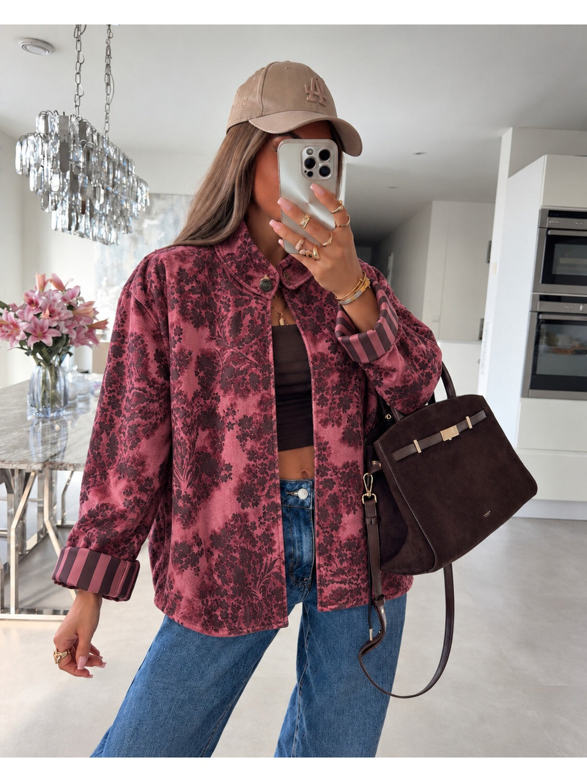 Veste en velours fleurie revers rayés bordeaux pour femme, La Chica