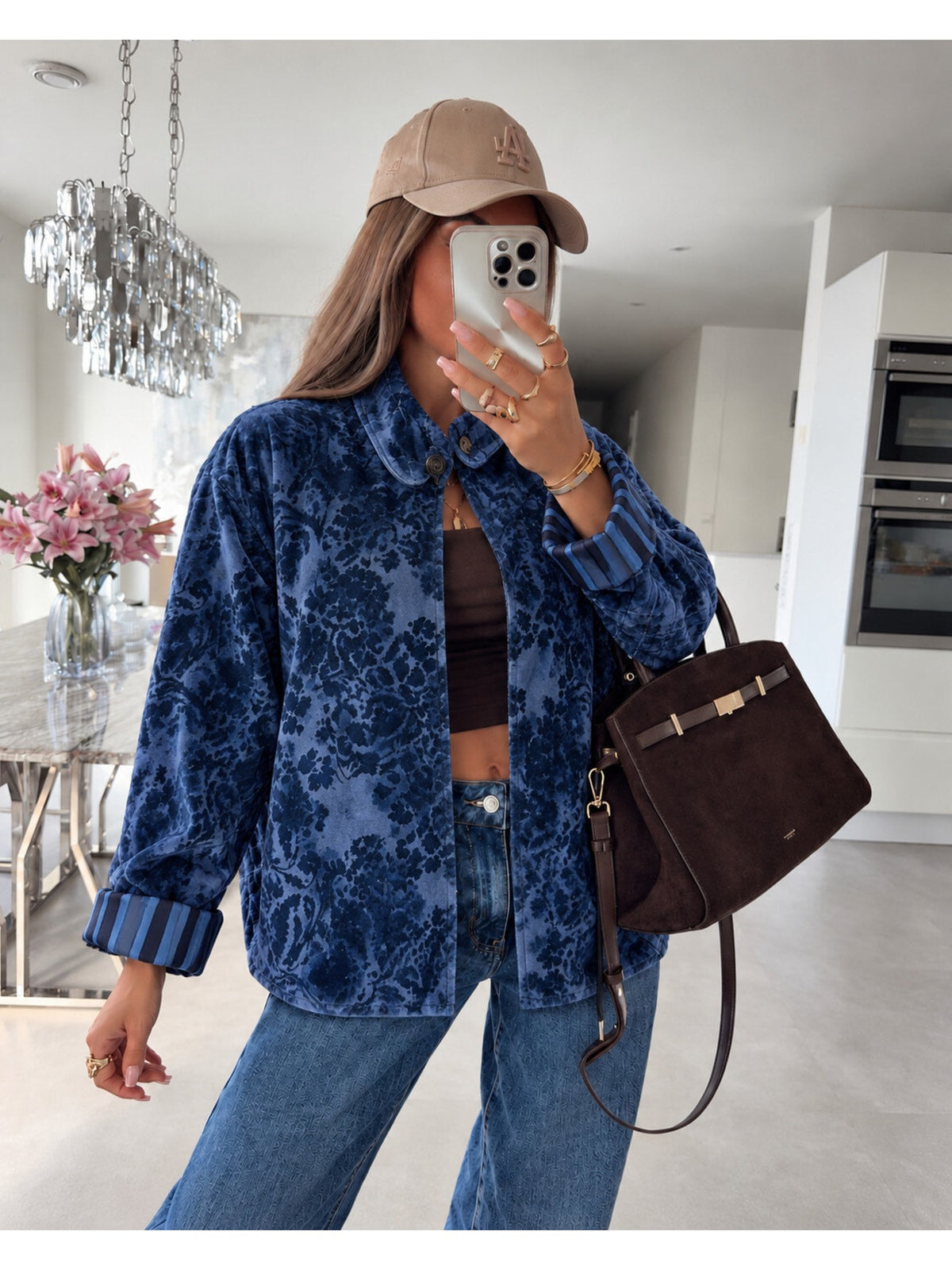 Veste en velours fleurie revers rayés marine pour femme, La Chica