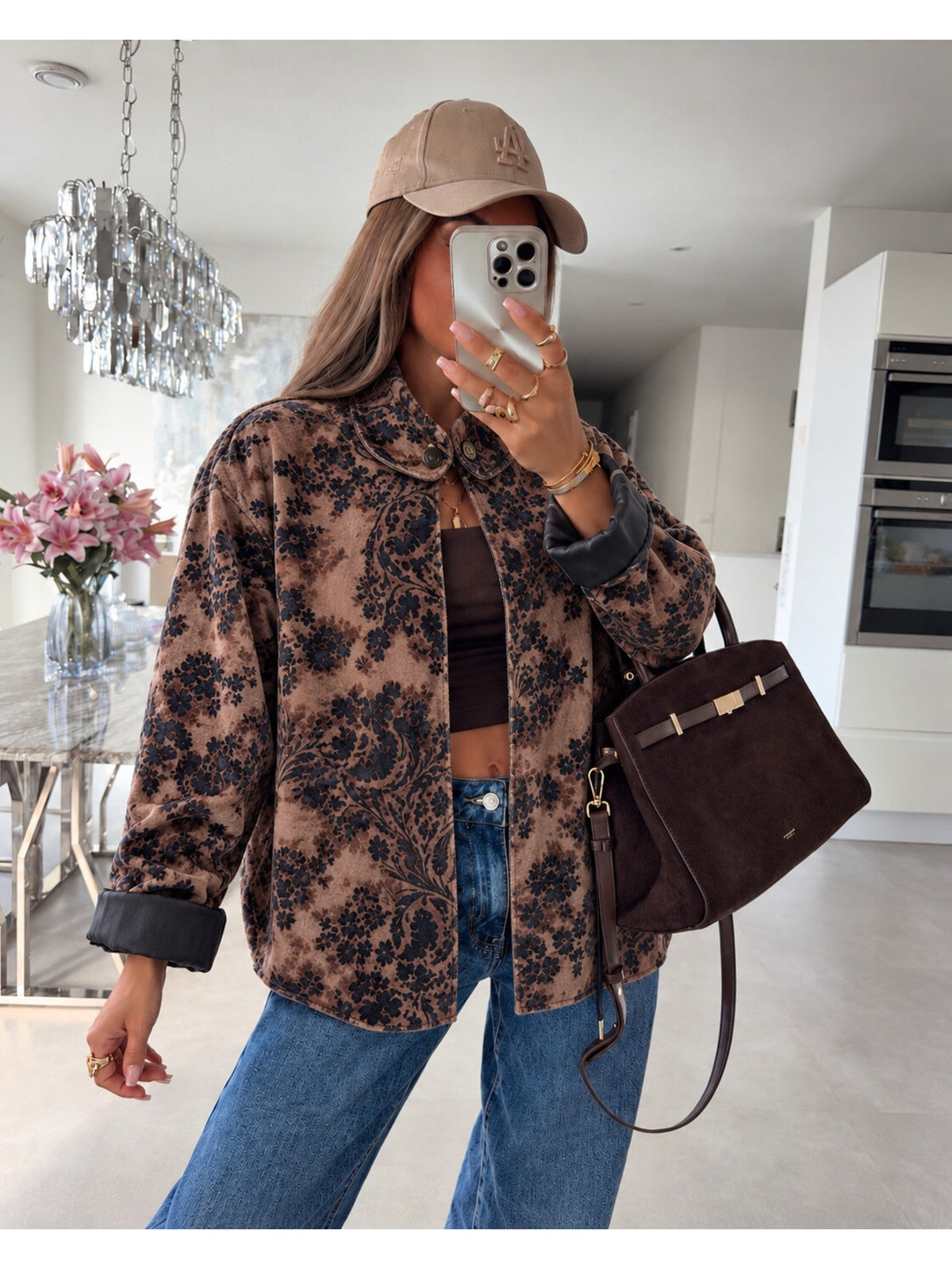 Veste en velours fleurie revers rayés marron pour femme, La Chica