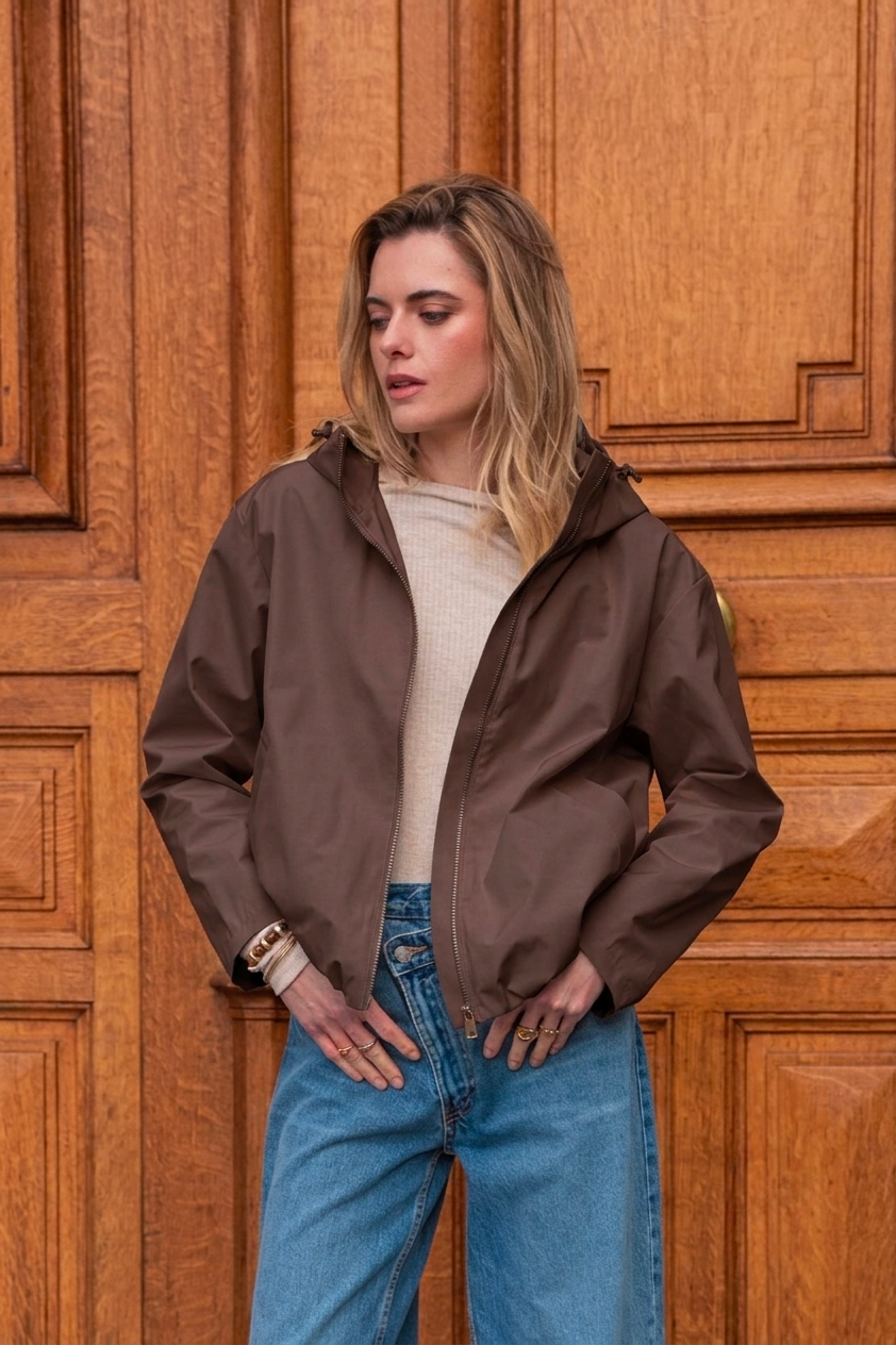 Veste imperméable courte à capuche marron chocolat pour femme – vue 2