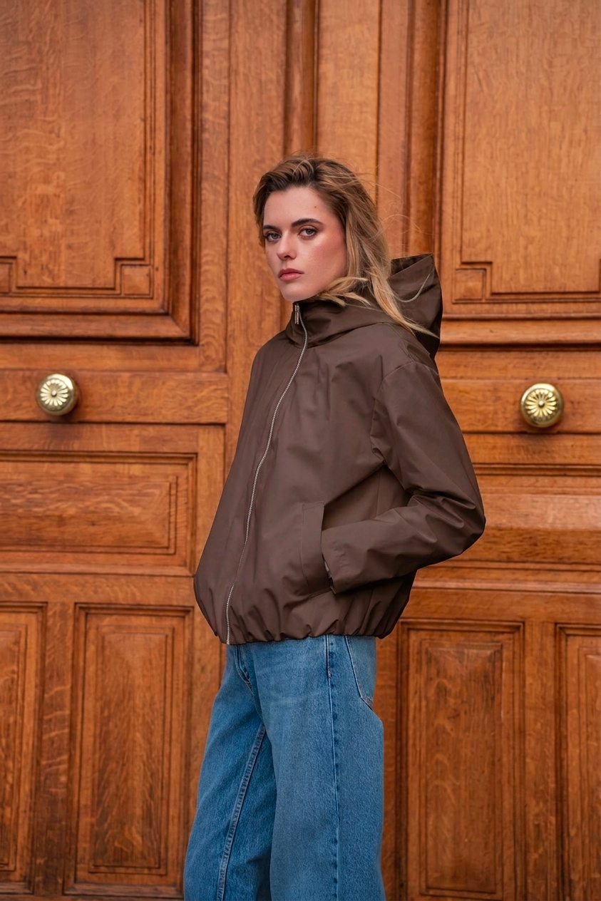 Veste imperméable courte à capuche marron chocolat pour femme – vue 3