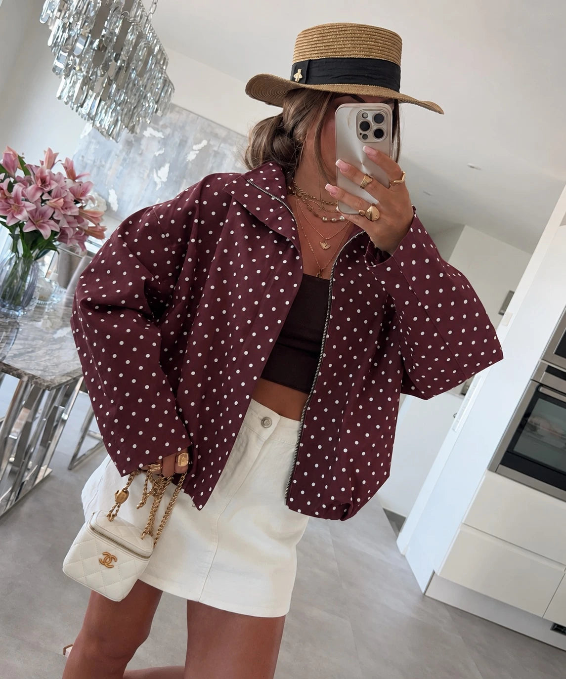 Veste oversize zippée à pois bordeaux pour femme – La Chica
