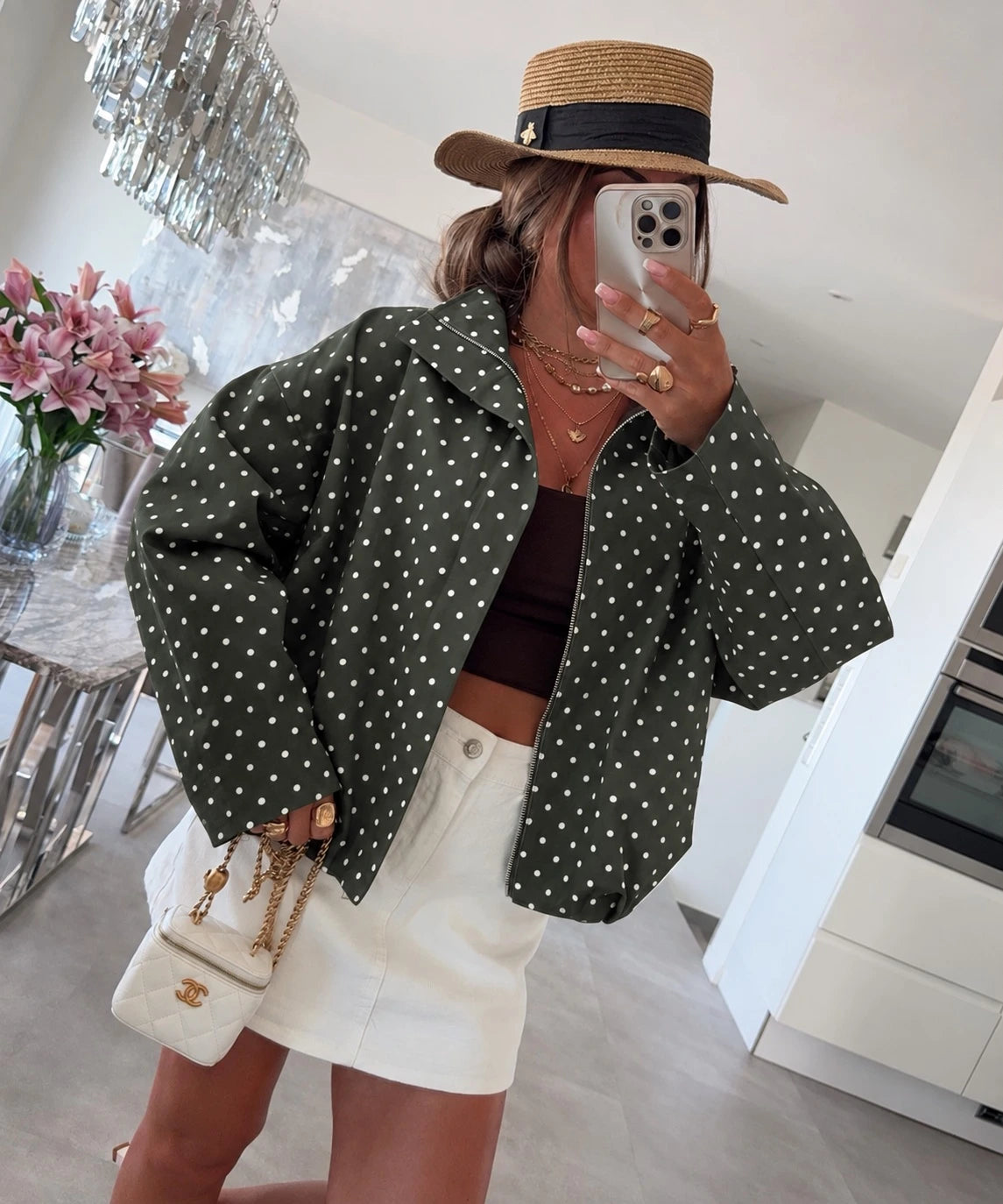 Veste oversize zippée à pois kaki pour femme – La Chica