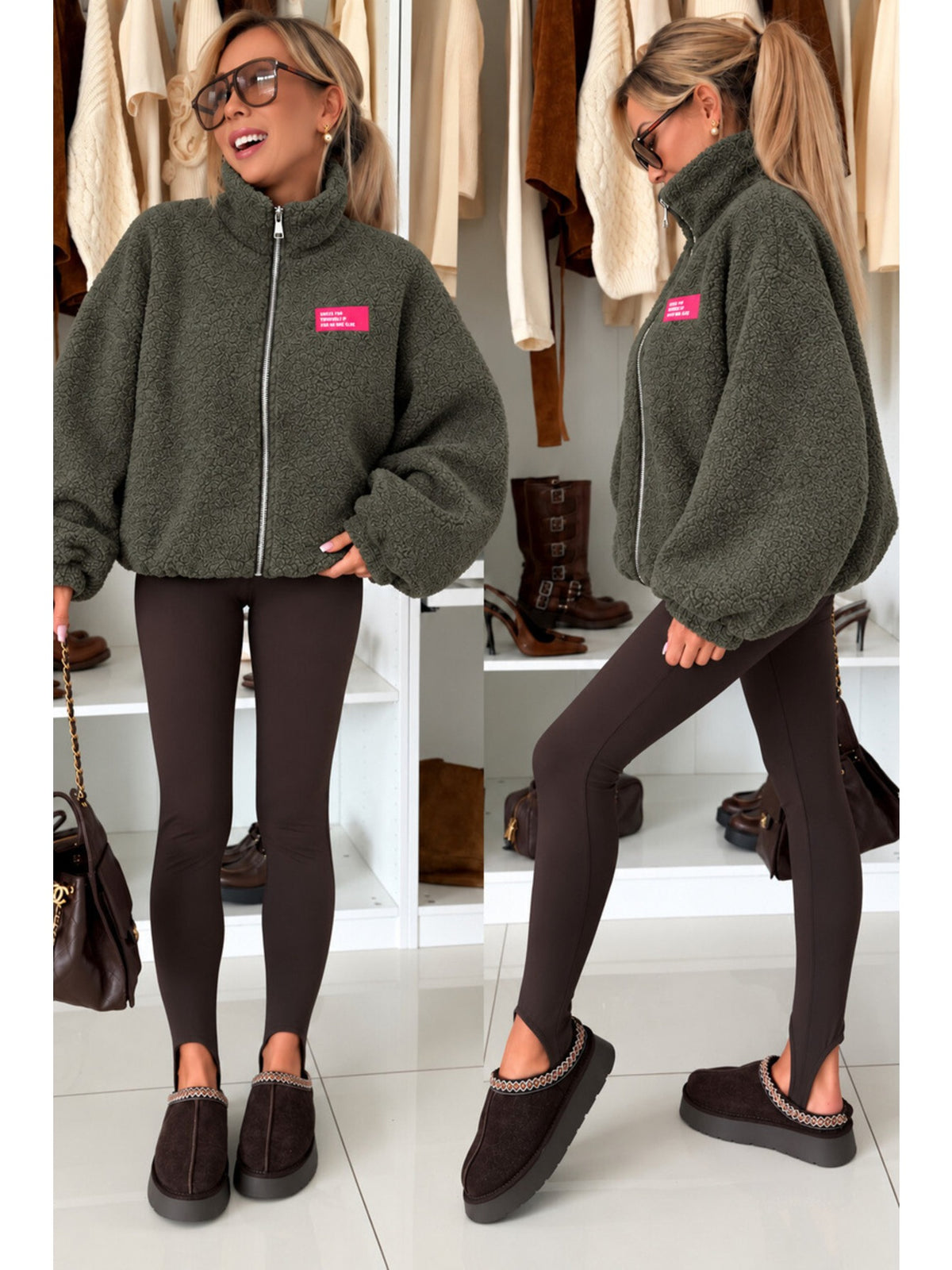 Veste polaire teddy manches ballon avec patch kaki pour femme, La Chica
