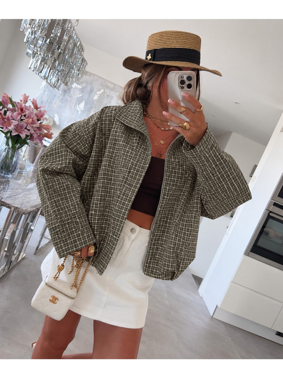 Veste zippée carreaux manches larges col montant kaki pour femme, La Chica