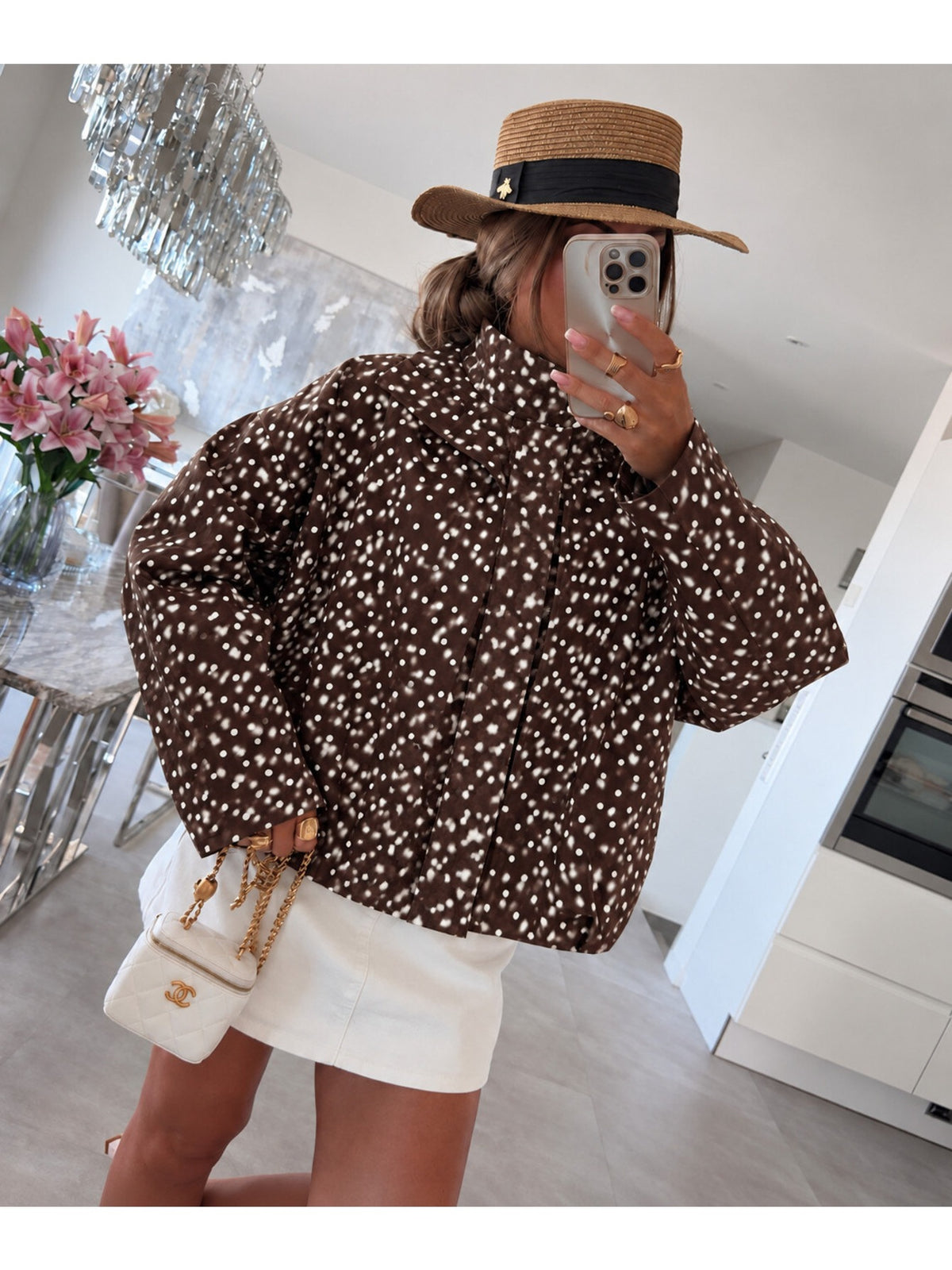 Veste zippée imprimé biche manches larges col montant marron foncé pour femme, La Chica, vue 2