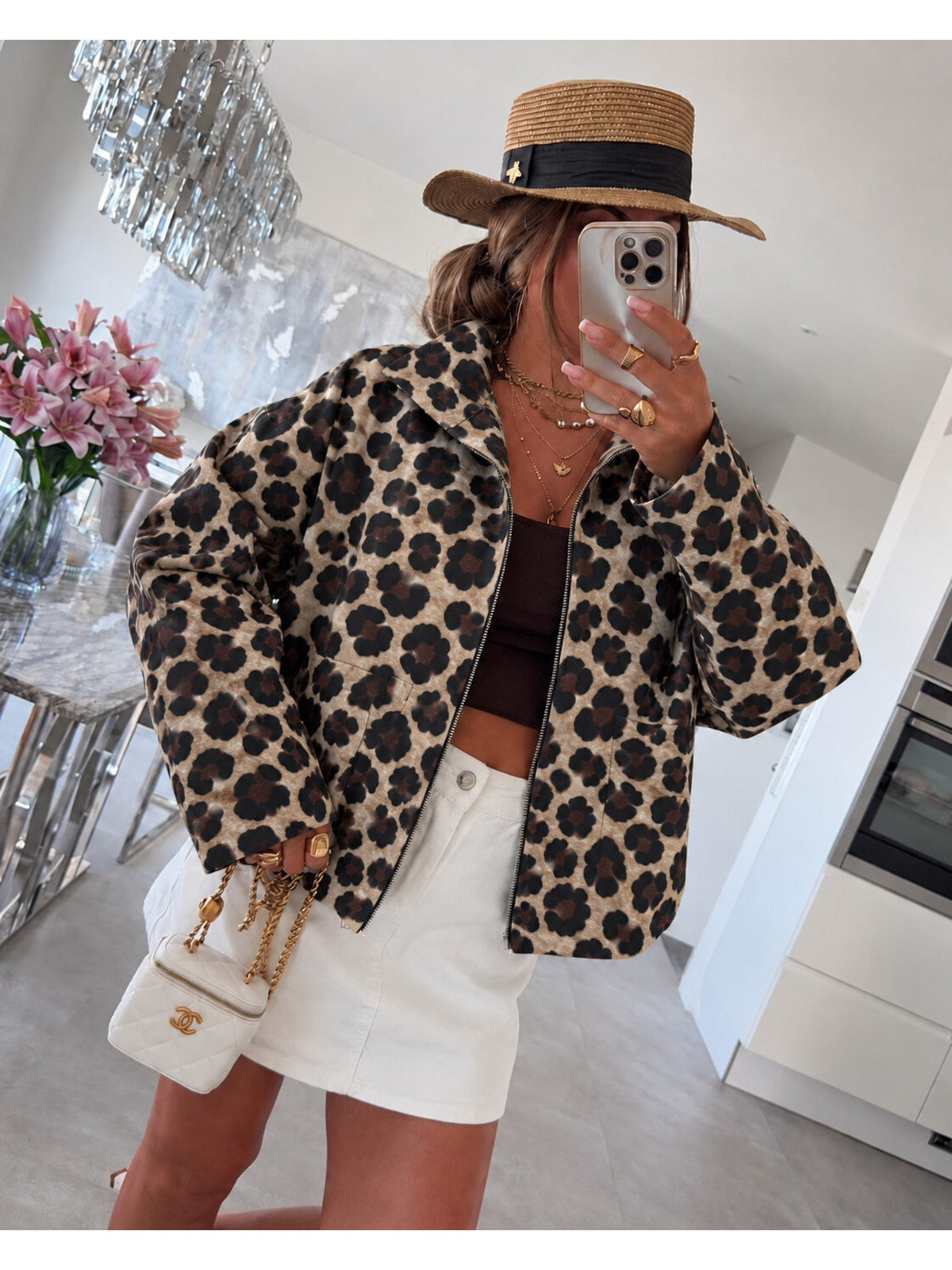 Veste zippée imprimé léopard manches larges col montant marron foncé pour femme, La Chica
