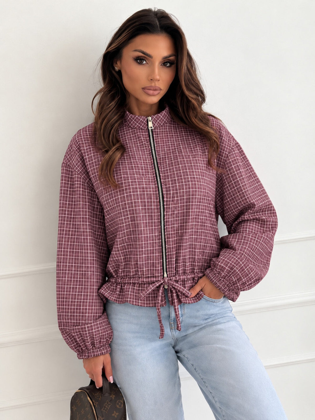Veste zippée petits carreaux bordeaux pour femme, La Chica