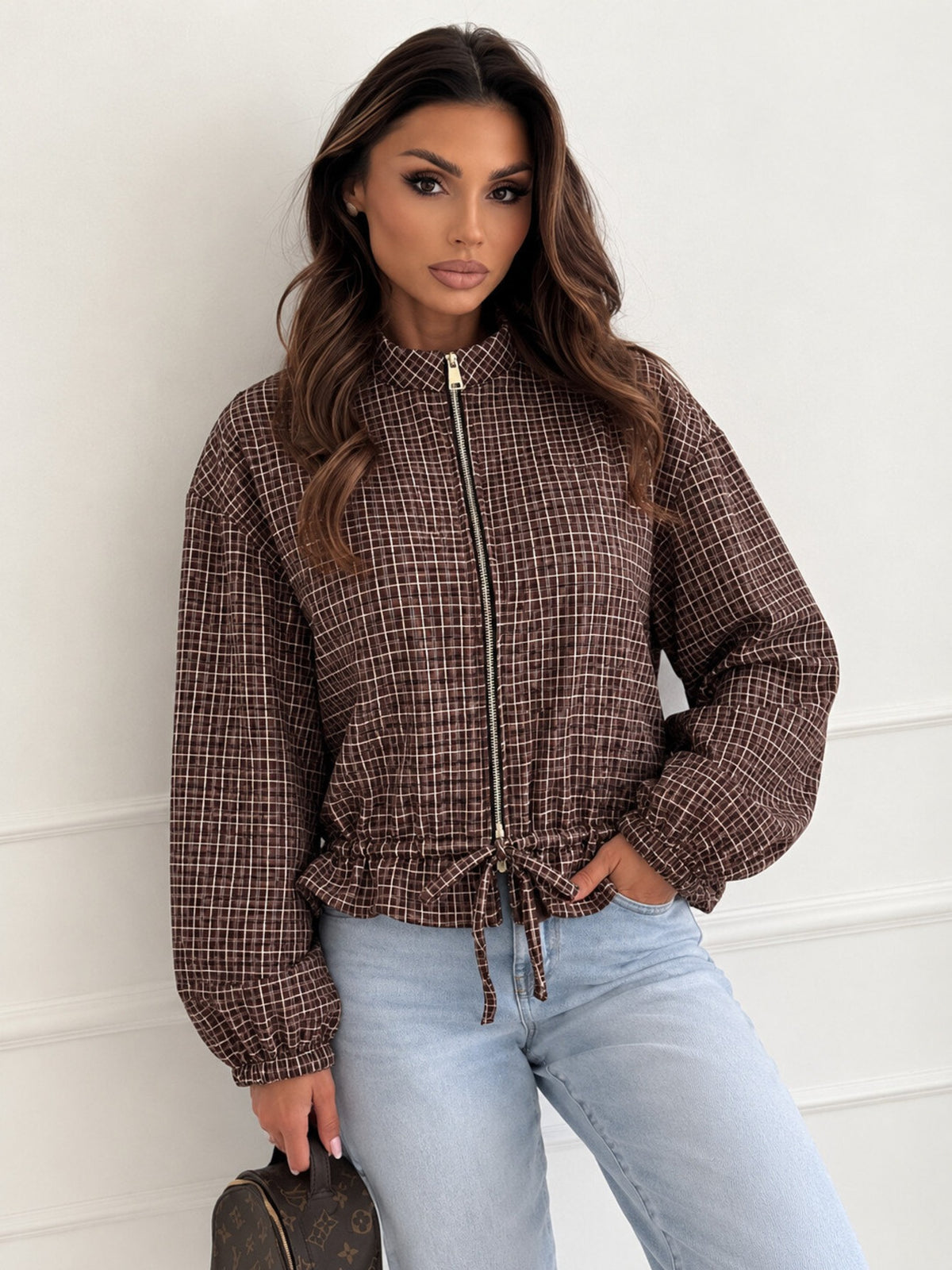 Veste zippée petits carreaux marron pour femme, La Chica, vue 1
